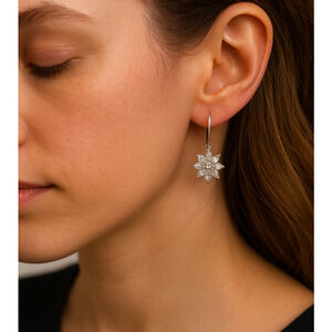 925 Sterling Silver Crystal Flower Drop Earrings Vintage Snowflake Design